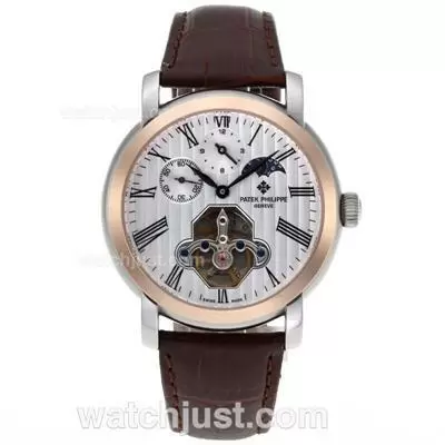 Patek Philippe Tourbillon Automatic Two Tone Case Roman Markers With White Dial Leather Strap