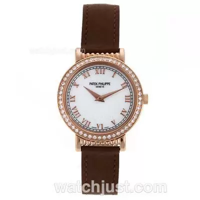 Patek Philippe Classic Rose Gold Case Diamond Bezel With Mop Dial Leather Strap