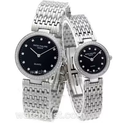 Patek Philippe Classic Diamond Bezel Diamond Markers With Black Checked Dial S/s Couple Watch