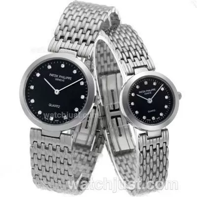 Patek Philippe Classic Diamond Markers With Black Checked Dial S/s Couple Watch