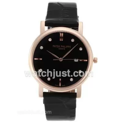 Patek Philippe Classic Rose Gold Case Diamond Markers With Black Dial Leather Strap