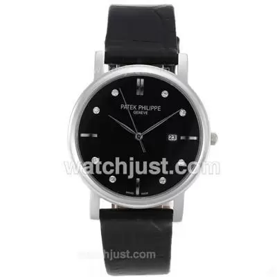 Patek Philippe Classic Diamond Markers With Black Dial Leather Strap