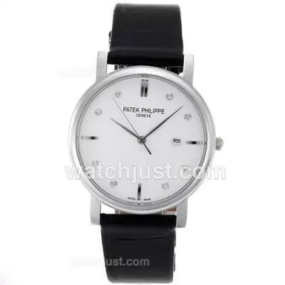 Patek Philippe Classic Diamond Markers With White Dial Leather Strap