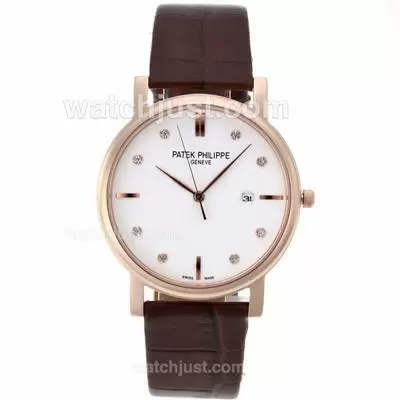 Patek Philippe Classic Rose Gold Case Diamond Markers With White Dial Leather Strap