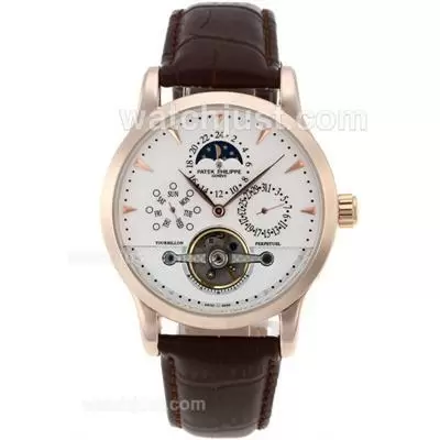 Patek Philippe Classic Moonphase Tourbillon Automatic Rose Case With White Dial Leather Strap