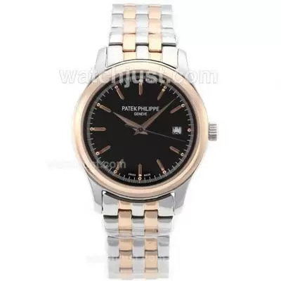 Patek Philippe Classic Automatic Two Tone Stick Markers With Black Dial Sapphire Glass