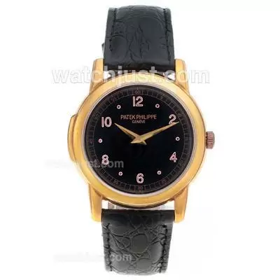 Patek Philippe Classic Rose Gold Case Number Markers With Black Dial Leather Strap