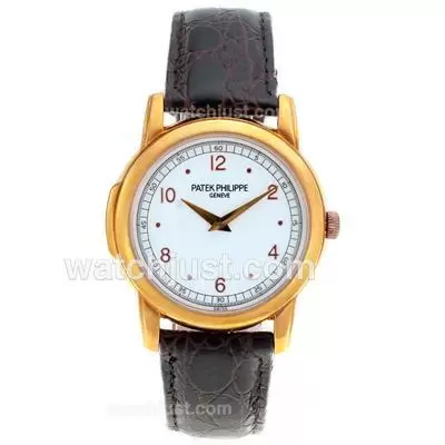 Patek Philippe Classic Rose Gold Case Number Markers With White Dial Leather Strap