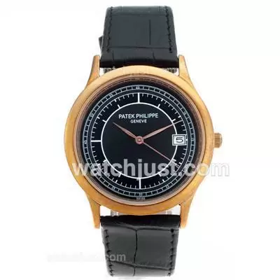 Patek Philippe Classic Rose Gold Case With Black Dial Leather Strap