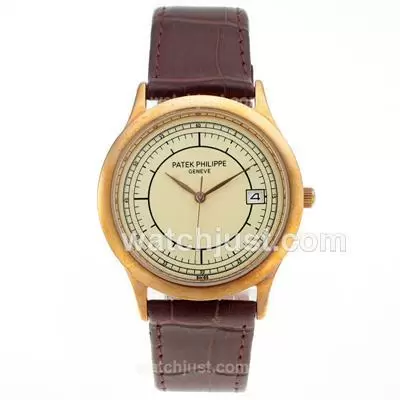 Patek Philippe Classic Rose Gold Case With Beige Dial Leather Strap