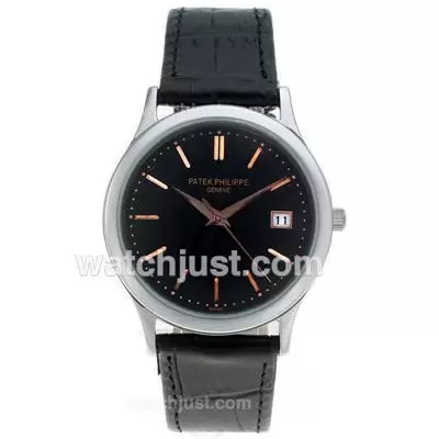 Patek Philippe Classic Rose Stick Markers With Black Dial Leather Strap