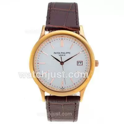 Patek Philippe Classic Rose Case Rose Stick Markers With White Dial Leather Strap