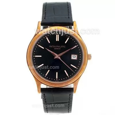 Patek Philippe Classic Rose Case Rose Stick Markers With Black Dial Black Leather Strap