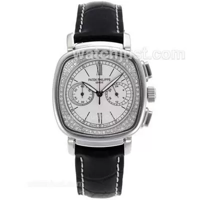 Patek Philippe Classic Working Diamond Bezel With White Dial Black Leather Strap