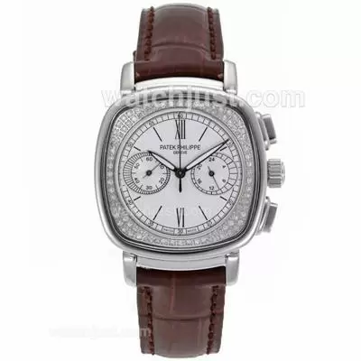 Patek Philippe Classic Working Diamond Bezel With White Dial Brown Leather Strap