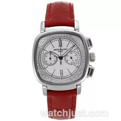 Patek Philippe Classic Working Diamond Bezel With White Dial Red Leather Strap