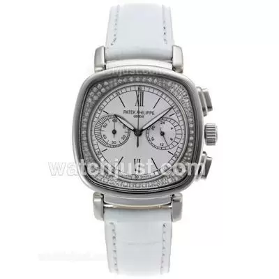 Patek Philippe Classic Working Diamond Bezel With White Dial White Leather Strap