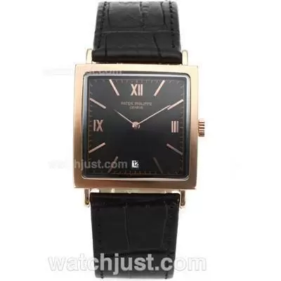 Patek Philippe Classic Rose Gold Case With Black Dial Leather Strap