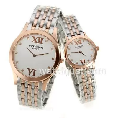 Patek Philippe Classic Two Tone Diamond Markers With White Dial Sapphire Glass