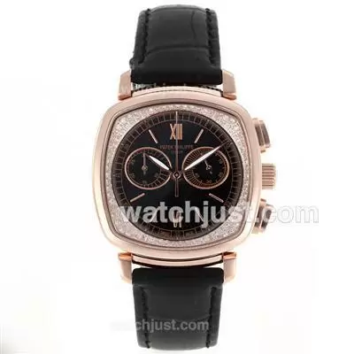 Patek Philippe Classic Working Rose Gold Case Diamond Bezel With Black Dial Sapphire Glass