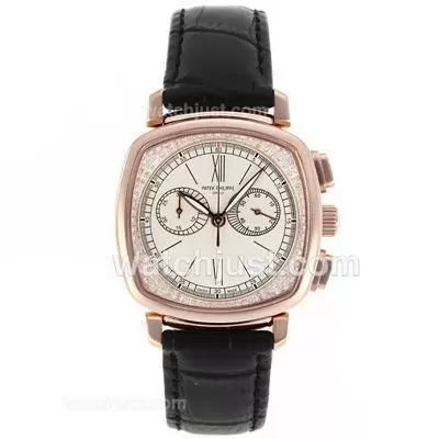 Patek Philippe Classic Working Rose Gold Case Diamond Bezel With White Dial Sapphire Glass