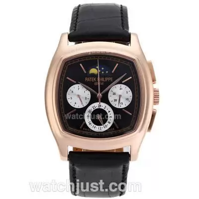 Patek Philippe Classic Moonphase Automatic Rose Gold Case With Black Dial Leather Strap