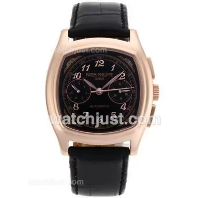 Patek Philippe Classic Automatic Rose Gold Case With Black Dial Leather Strap