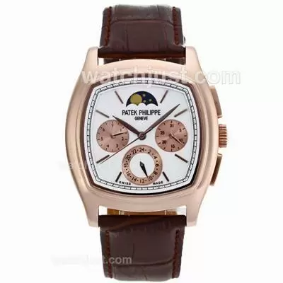 Patek Philippe Classic Moonphase Automatic Rose Gold Case With White Dial Leather Strap