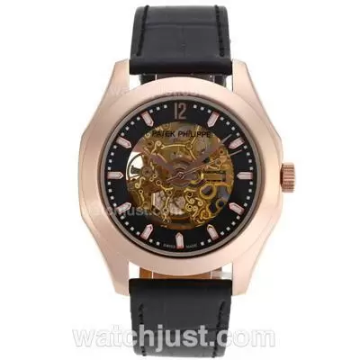 Patek Philippe Classic Automatic Rose Gold Case With Skeleton Dial Leather Strap