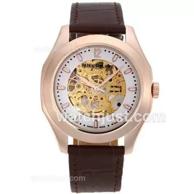 Patek Philippe Classic Automatic Rose Gold Case With Skeleton Dial Leather Strap