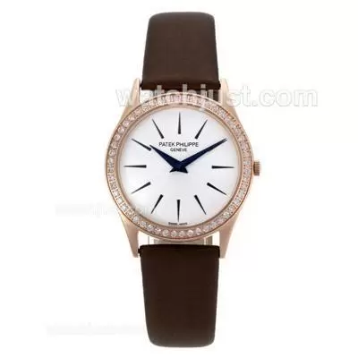 Patek Philippe Classic Rose Gold Case Diamond Bezel With White Dial Leather Strap