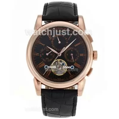 Patek Philippe Tourbillon Automatic Rose Gold Case With Black Dial Leather Strap