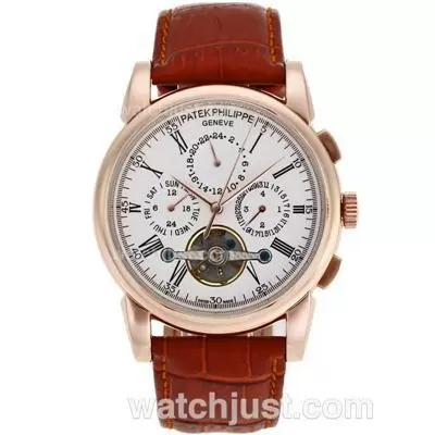 Patek Philippe Tourbillon Automatic Rose Gold Case With Whtie Dial Leather Strap