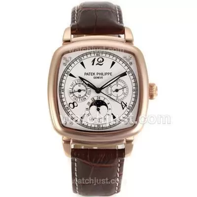 Patek Philippe Classic Moonphase Automatic Rose Gold Case With White Dial Leather Strap