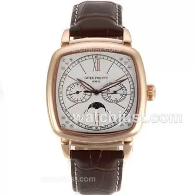 Patek Philippe Classic Moonphase Automatic Rose Gold Case With White Dial Leather Strap