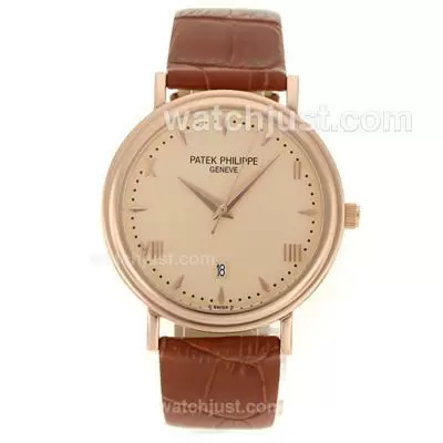 Patek Philippe Classic Rose Gold Case Roman/stick Markers With Champagne Dial Leather Strap