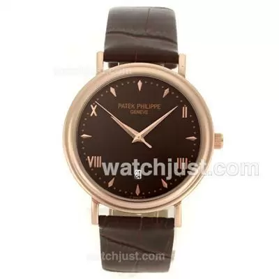 Patek Philippe Classic Rose Gold Case Roman/stick Markers With Brown Dial Leather Strap