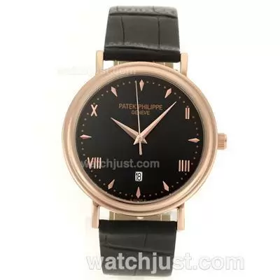 Patek Philippe Classic Rose Gold Case Roman/stick Markers With Black Dial Leather Strap