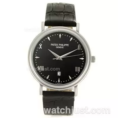 Patek Philippe Classic Roman/stick Markers With Black Dial Leather Strap