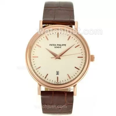 Patek Philippe Classic Rose Gold Case Stick Markers With White Dial Leather Strap