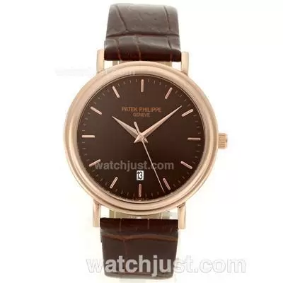 Patek Philippe Classic Rose Gold Case Stick Markers With Brown Dial Leather Strap