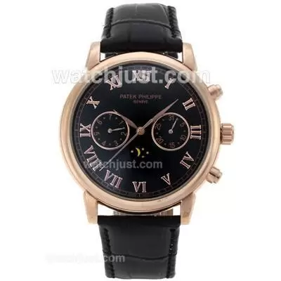 Patek Philippe Grande Complication Moonphase Automatic Rose Gold Case Roman Markers With Black Dial Leather