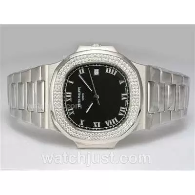 Patek Philippe Nautilus Jumbo Mbw Automatic Movement Diamond Bezel With Black Dial