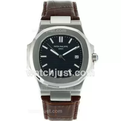 Patek Philippe Nautilus Automatic Stick Markers With Green Dial Leather Strap