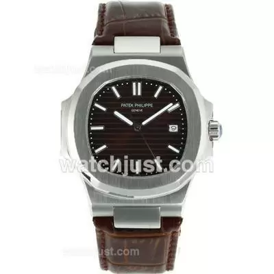 Patek Philippe Nautilus Automatic Stick Markers With Brown Dial Leather Strap