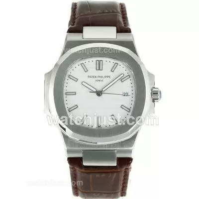 Patek Philippe Nautilus Automatic Stick Markers With White Dial Leather Strap