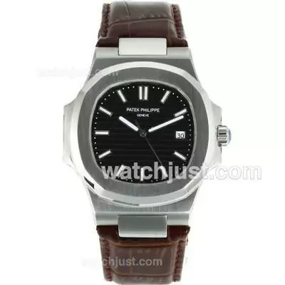 Patek Philippe Nautilus Automatic Stick Markers With Black Dial Leather Strap