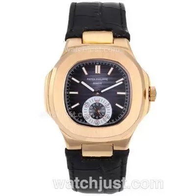 Patek Philippe Nautilus Automatic Rose Gold Case With Blue Dial Leather Strap