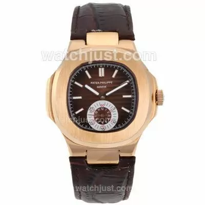 Patek Philippe Nautilus Automatic Rose Gold Case With Brown Dial Leather Strap