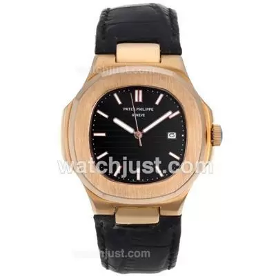 Patek Philippe Nautilus Rose Gold Case With Black Dial Leather Strap